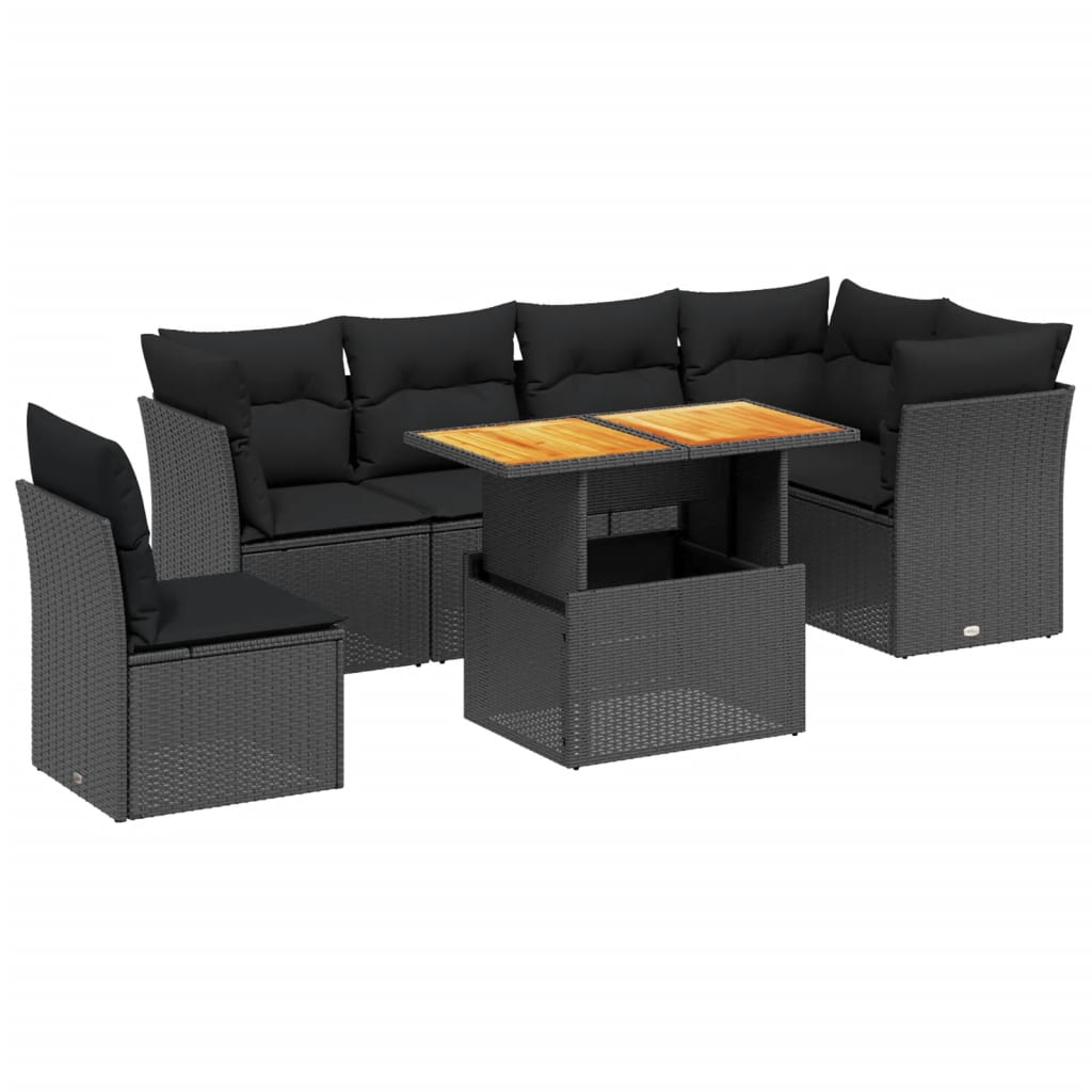 Salon de jardin 7 pcs avec coussins noir résine tressée