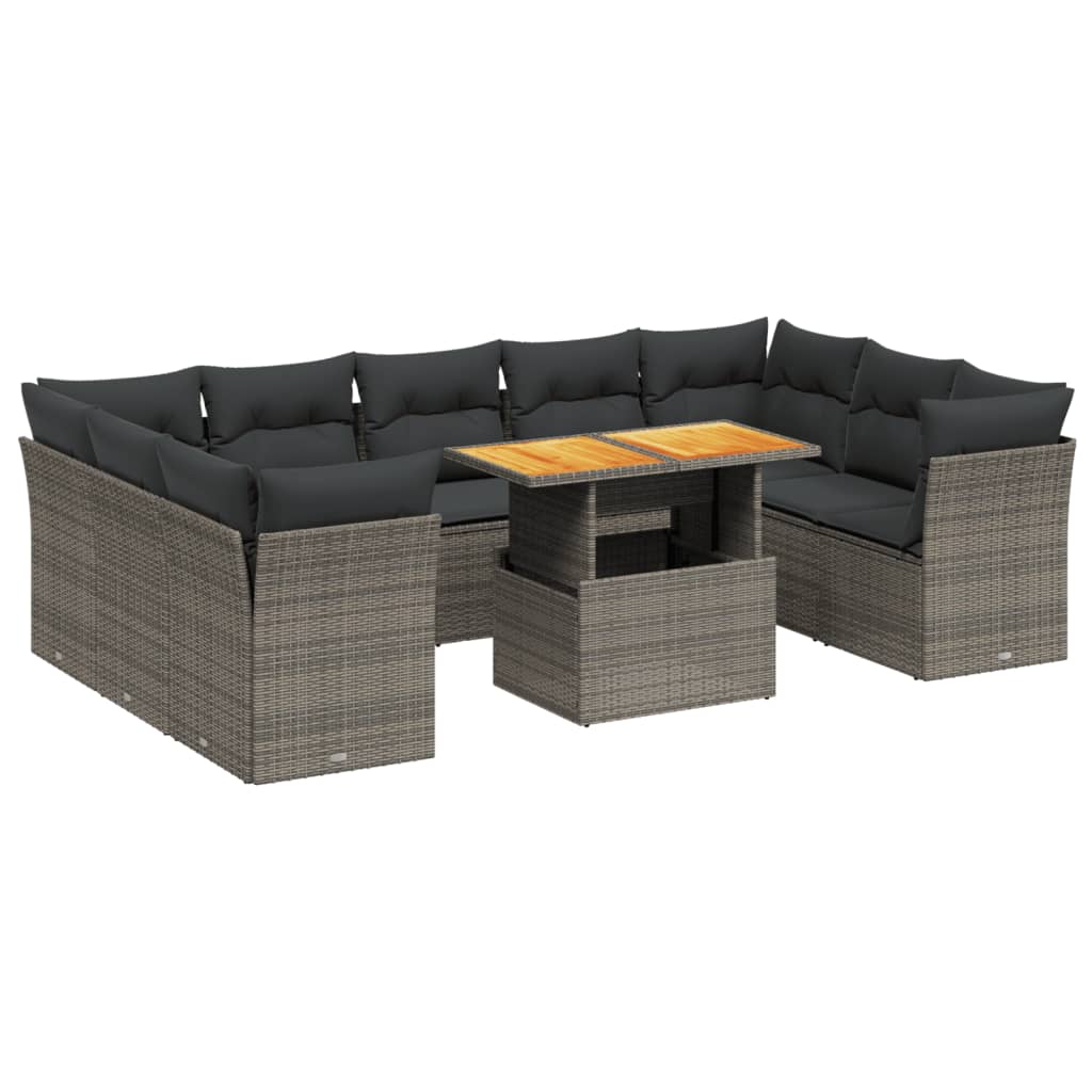 Salon de jardin avec coussins 10 pcs gris résine tressée