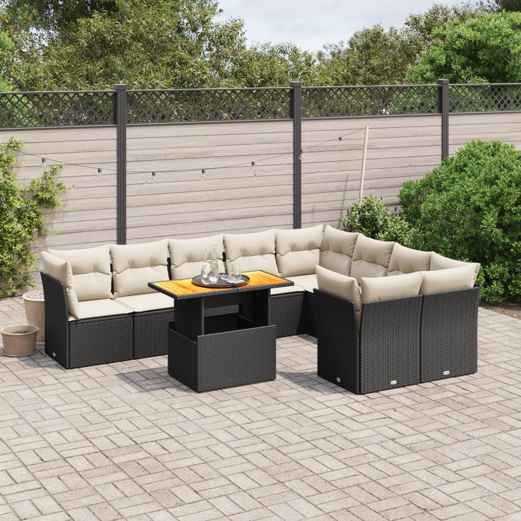 Salon de jardin 10 pcs avec coussins noir résine tressée