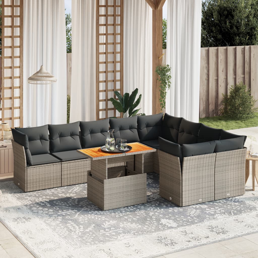 Salon de jardin avec coussins 10 pcs gris résine tressée