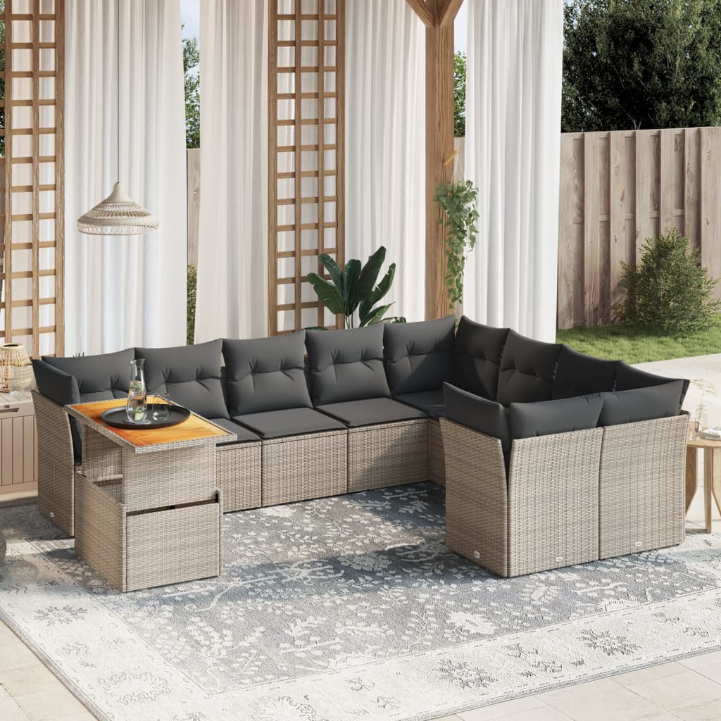 Salon de jardin avec coussins 10 pcs gris résine tressée