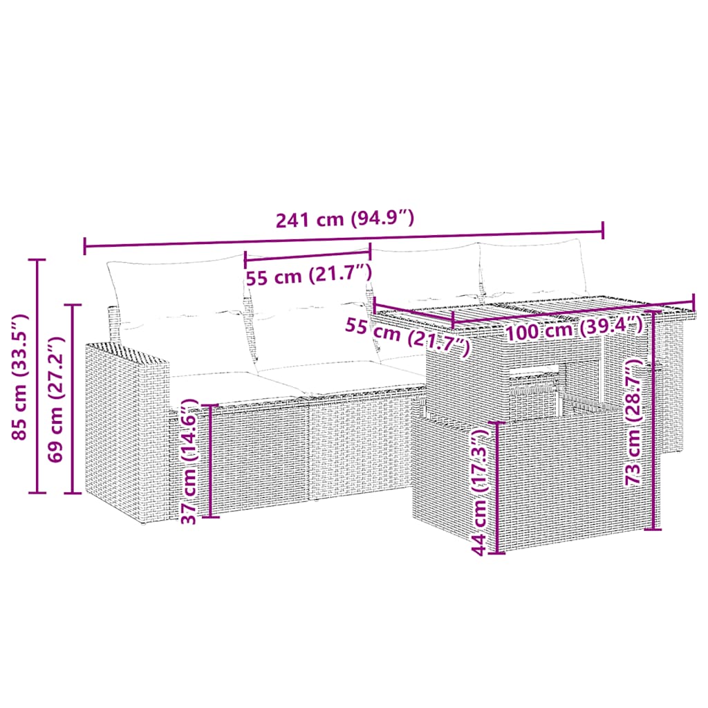 Salon de jardin avec coussins 5 pcs beige résine tressée