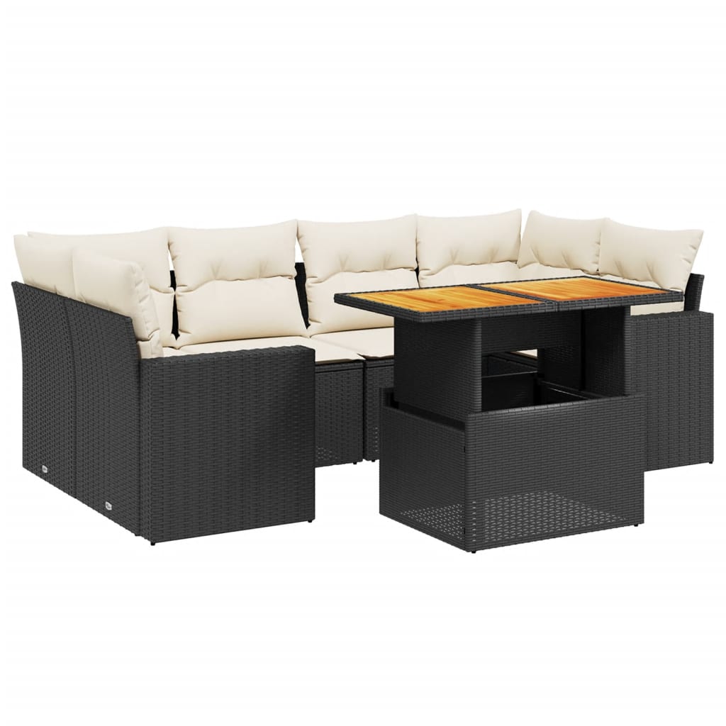 Salon de jardin 7 pcs avec coussins noir résine tressée