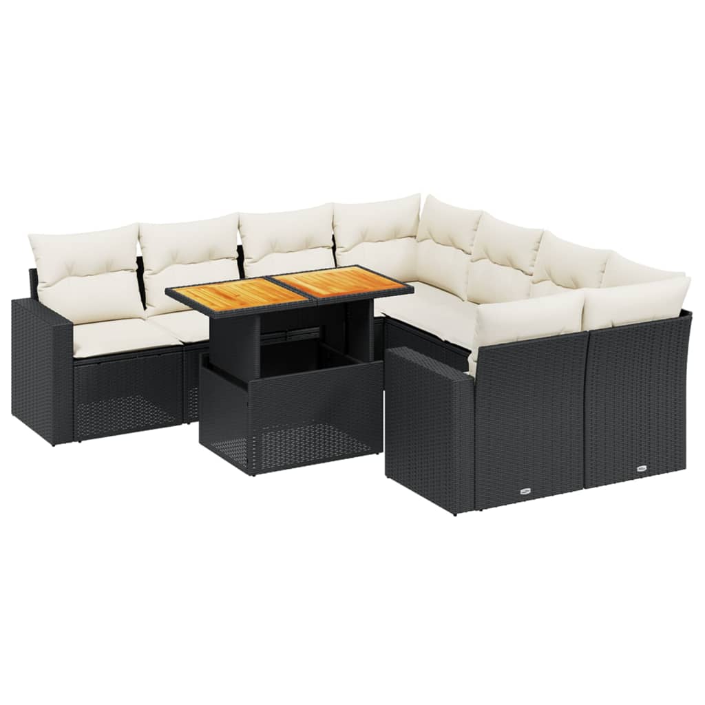 Salon de jardin 9 pcs avec coussins noir résine tressée