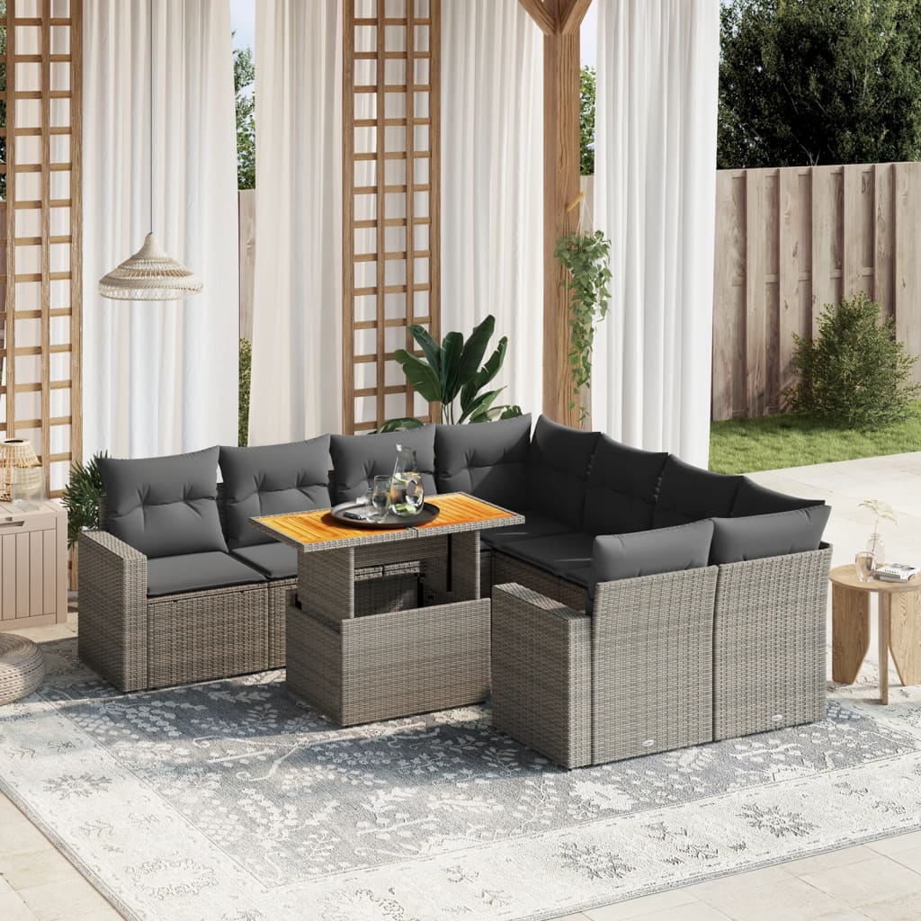 Salon de jardin 9 pcs avec coussins gris résine tressée