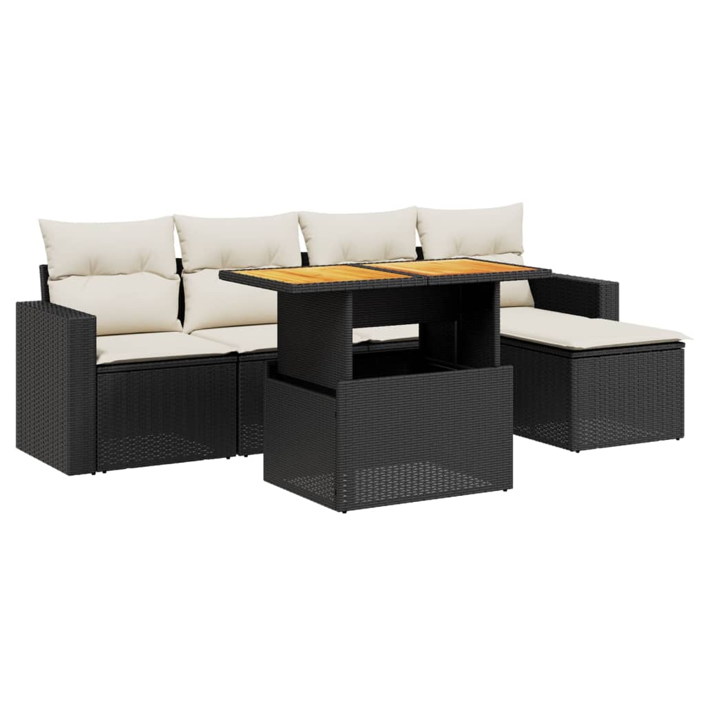 Salon de jardin 6 pcs avec coussins noir résine tressée