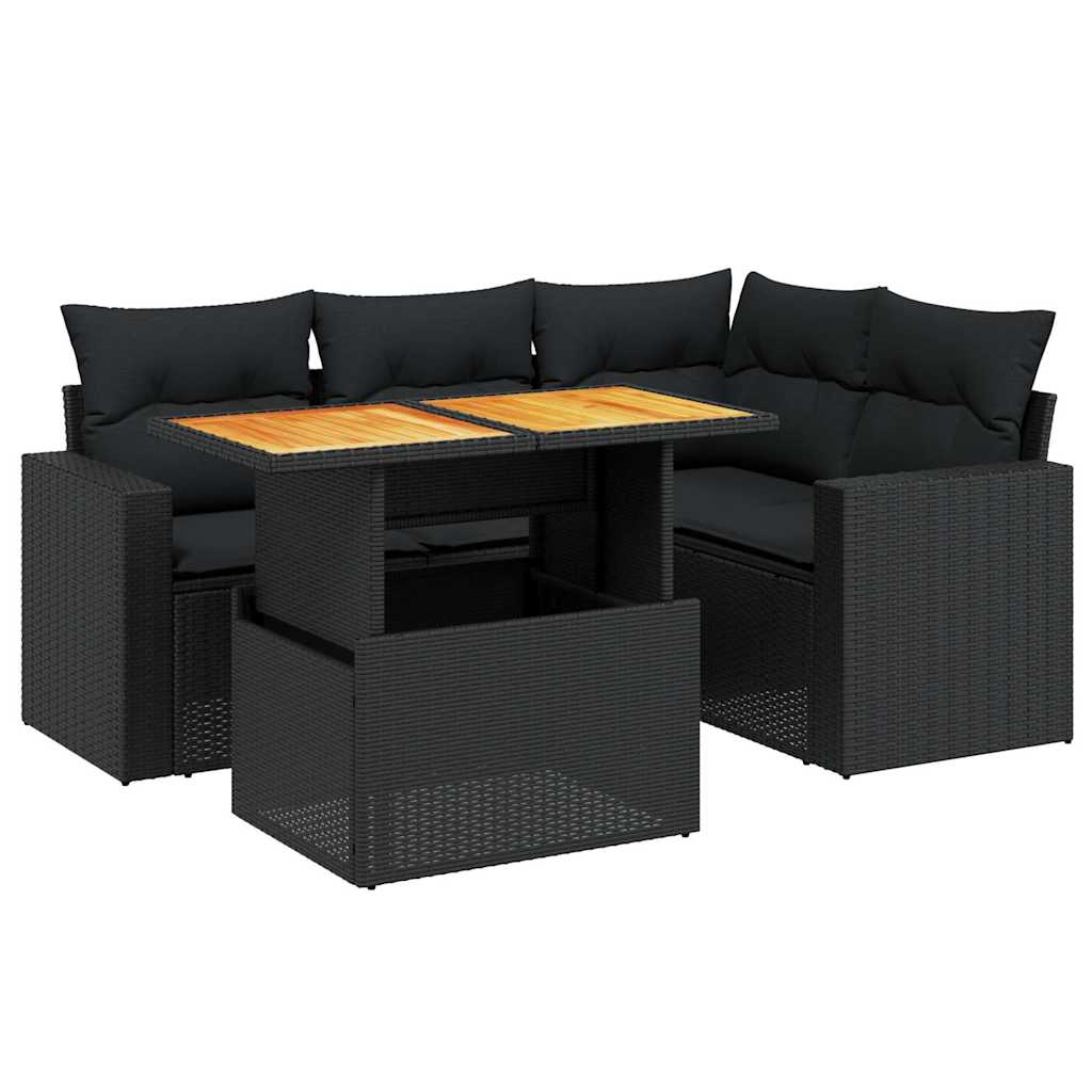 Salon de jardin 5 pcs avec coussins noir résine tressée