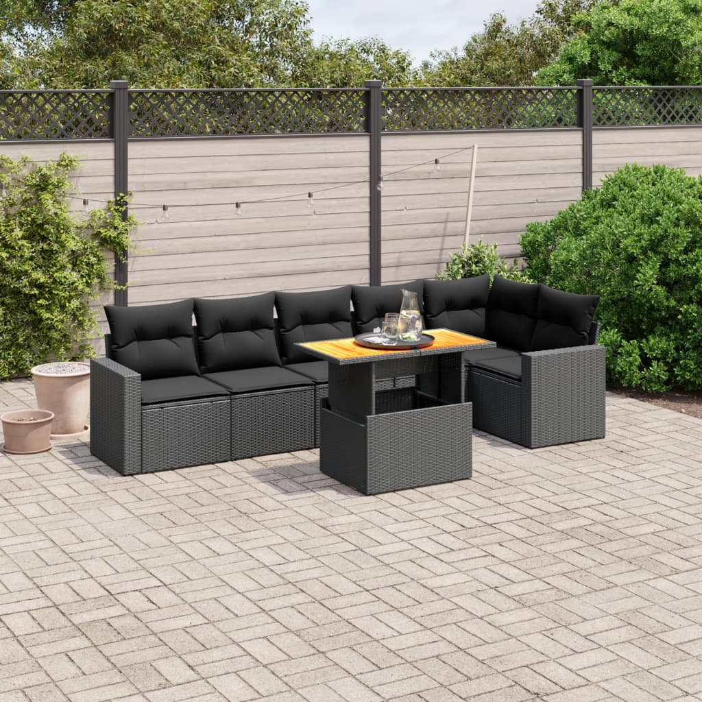Salon de jardin 7 pcs avec coussins noir résine tressée