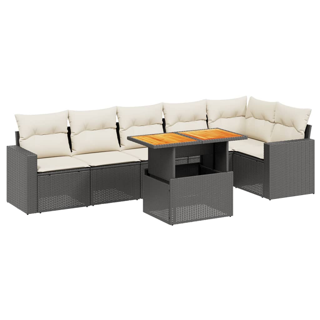 Salon de jardin 7 pcs avec coussins noir résine tressée