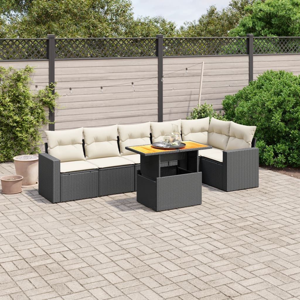 Salon de jardin 7 pcs avec coussins noir résine tressée
