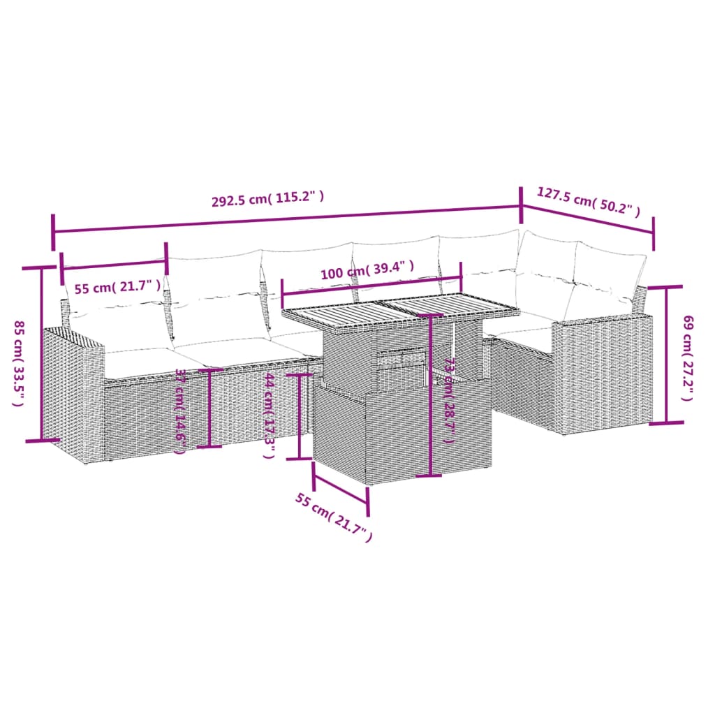 Salon de jardin avec coussins 7 pcs gris résine tressée