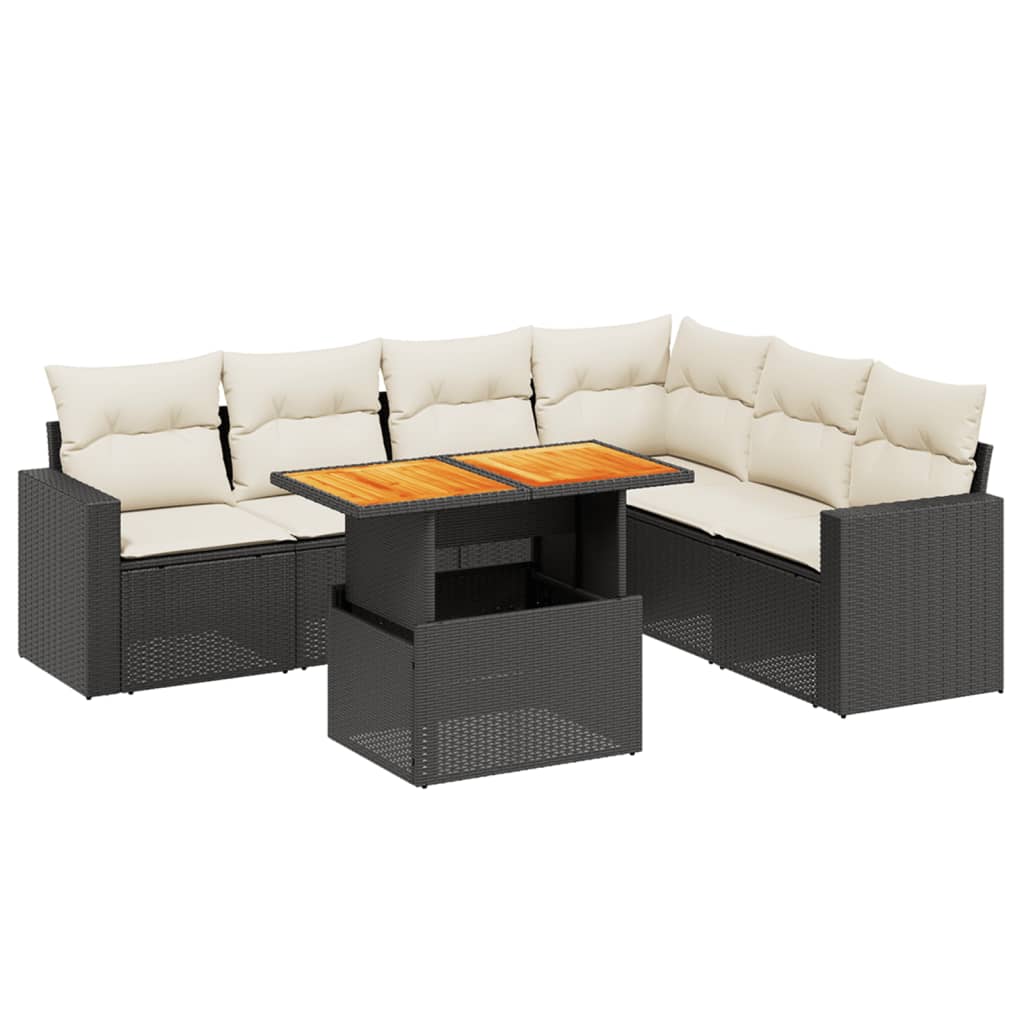 Salon de jardin 7 pcs avec coussins noir résine tressée