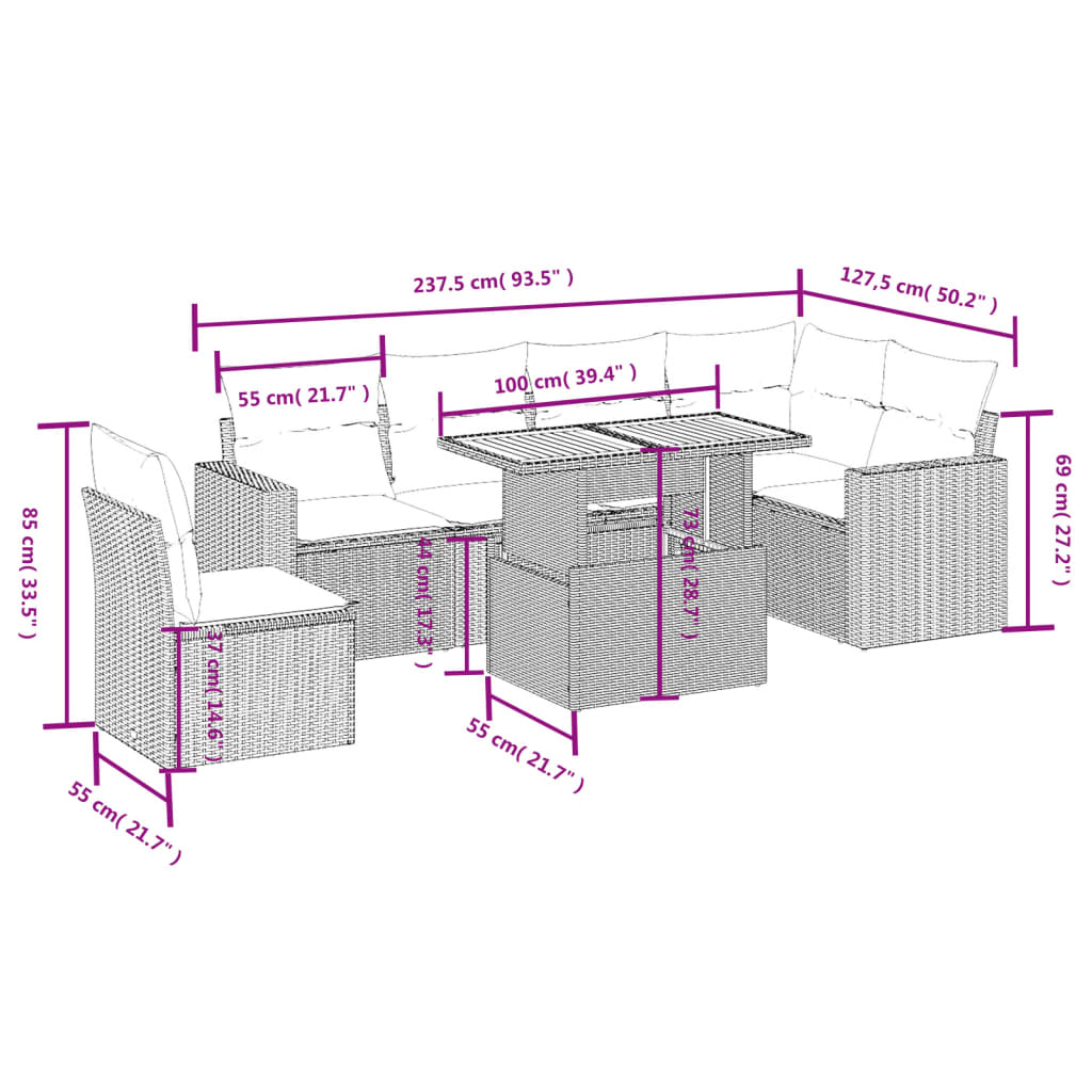 Salon de jardin avec coussins 7 pcs gris résine tressée