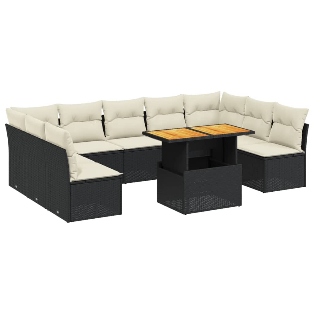 Salon de jardin 10 pcs avec coussins noir résine tressée