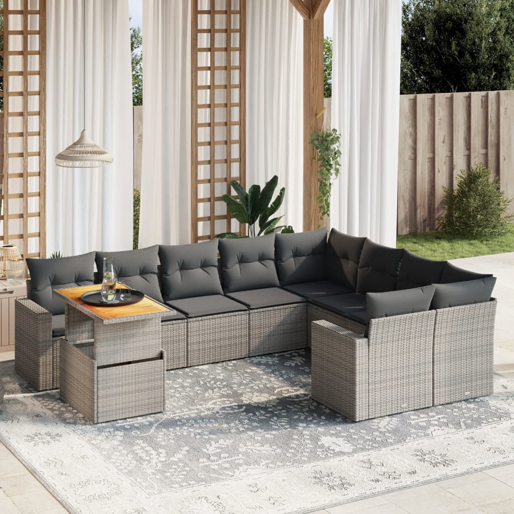 Salon de jardin avec coussins 10 pcs gris résine tressée