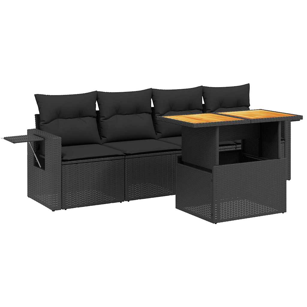 Salon de jardin 5 pcs avec coussins noir résine tressée