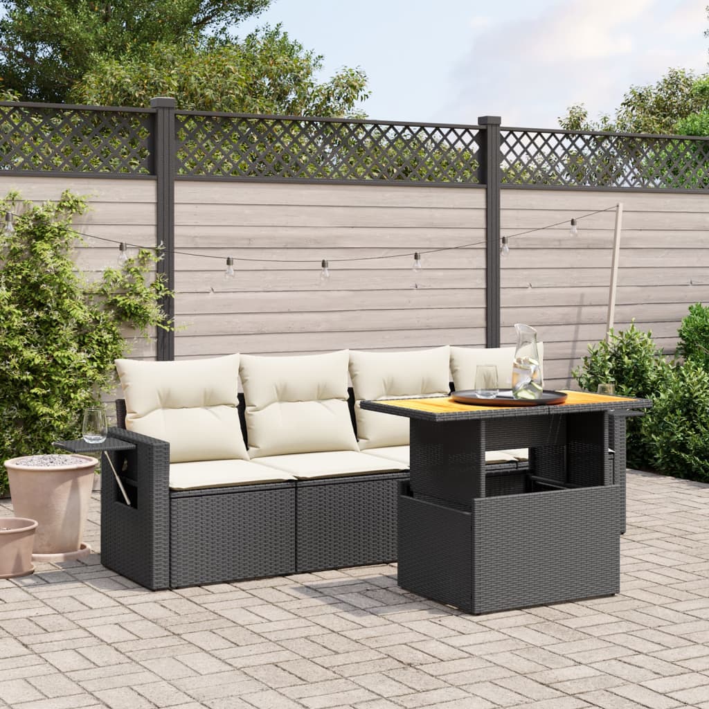 Salon de jardin 5 pcs avec coussins noir résine tressée