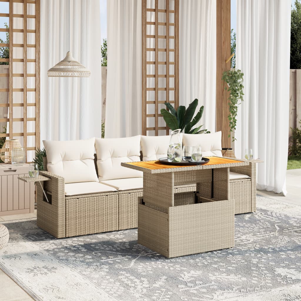 Salon de jardin avec coussins 5 pcs beige résine tressée