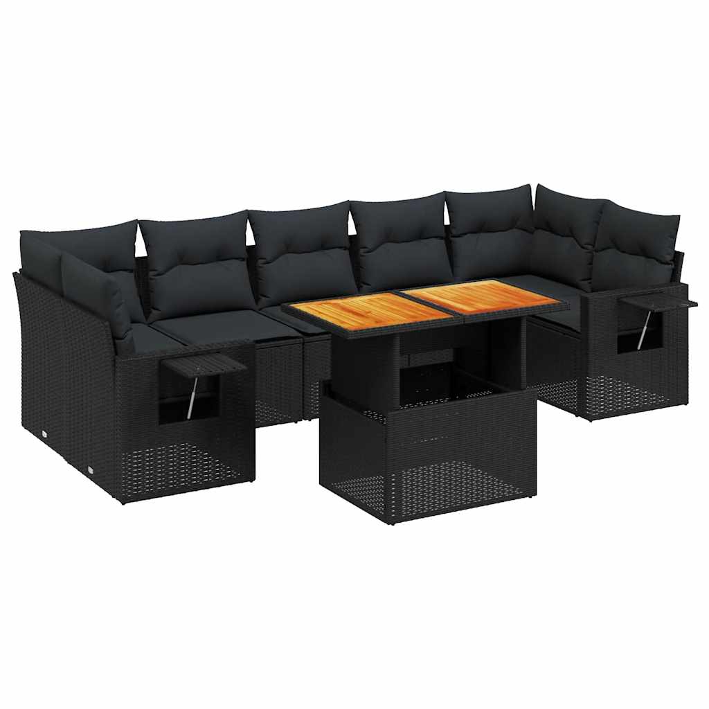 Salon de jardin 8 pcs avec coussins noir résine tressée