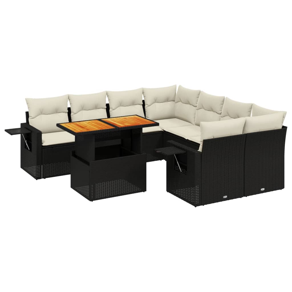 Salon de jardin 9 pcs avec coussins noir résine tressée