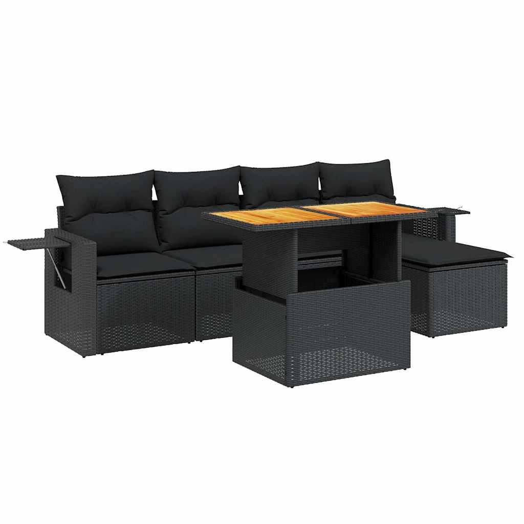 Salon de jardin 6 pcs avec coussins noir résine tressée