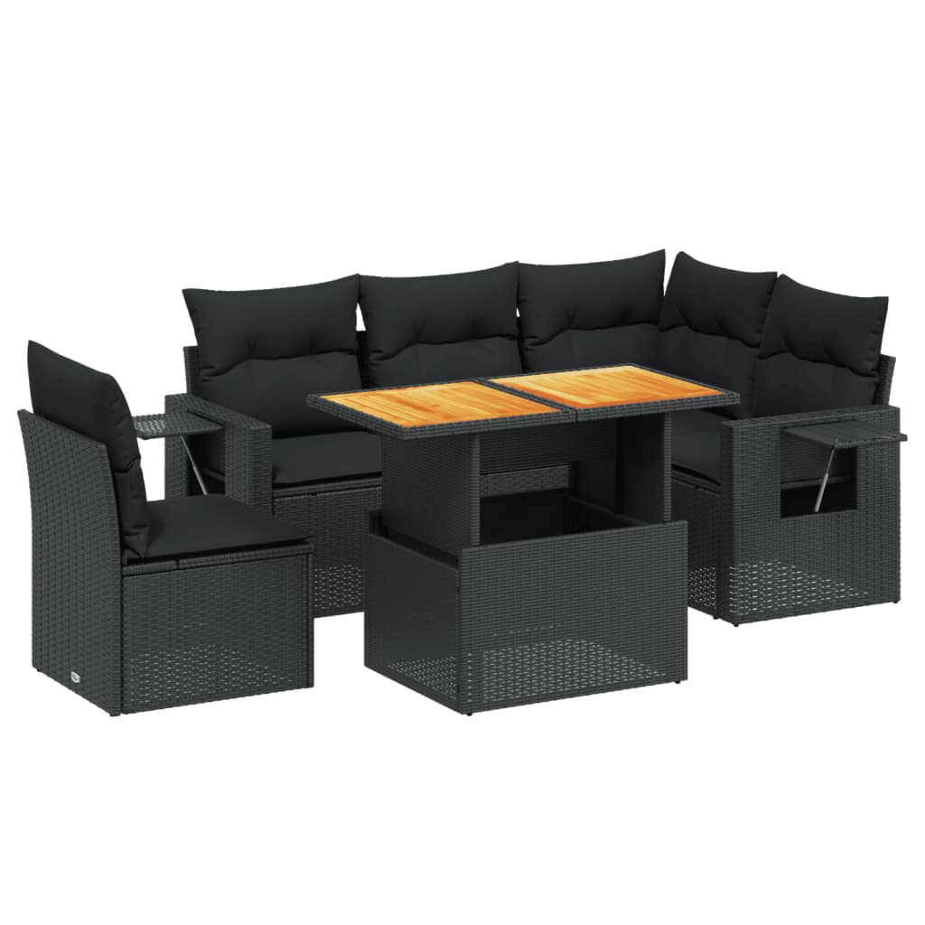 Salon de jardin 6 pcs avec coussins noir résine tressée