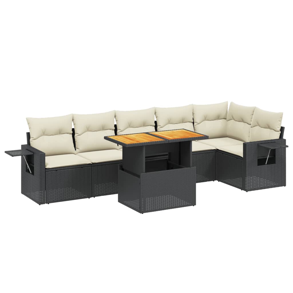 Salon de jardin 7 pcs avec coussins noir résine tressée