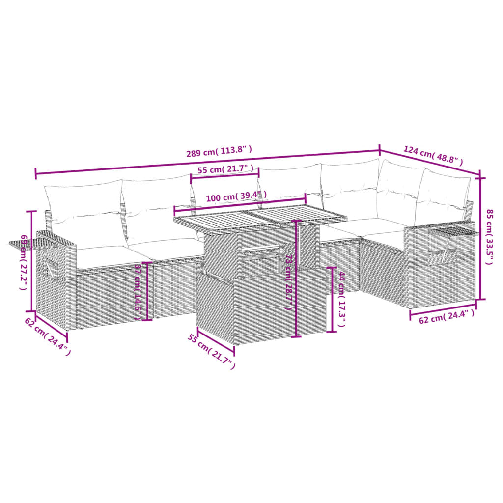 Salon de jardin avec coussins 7 pcs gris résine tressée