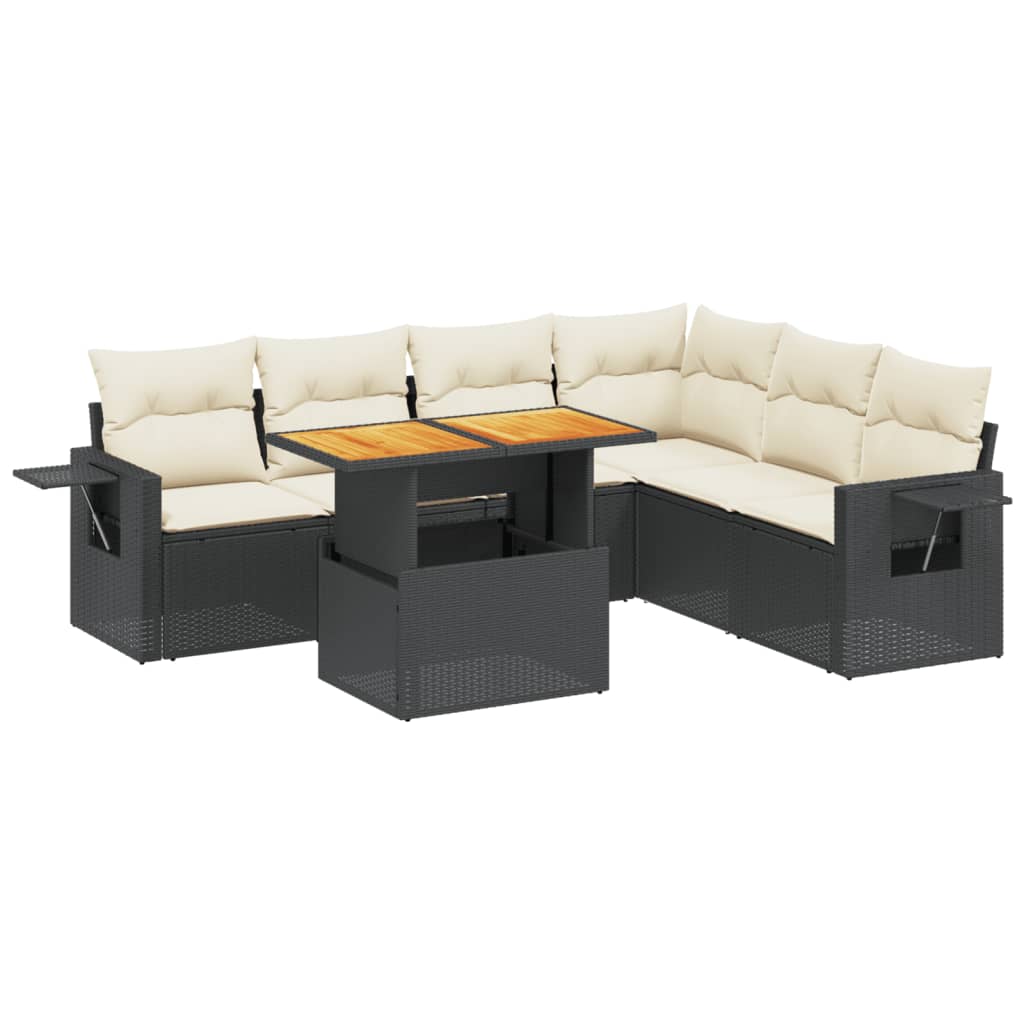 Salon de jardin 7 pcs avec coussins noir résine tressée