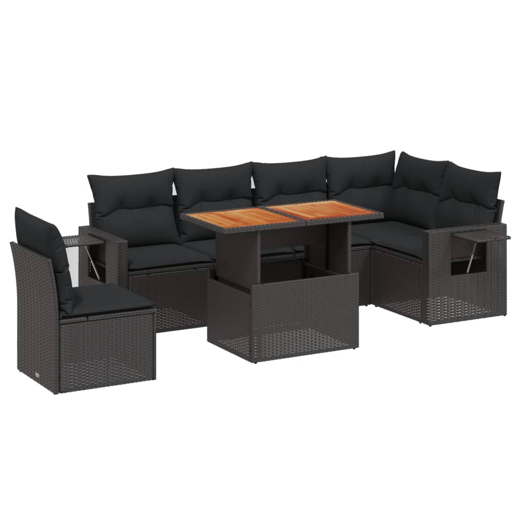 Salon de jardin 7 pcs avec coussins noir résine tressée