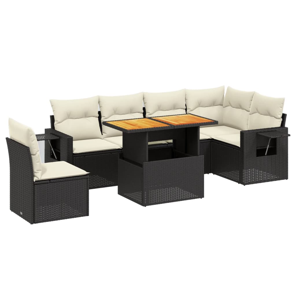 Salon de jardin 7 pcs avec coussins noir résine tressée