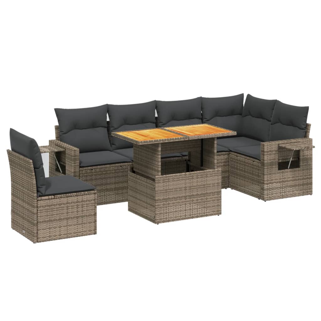 Salon de jardin avec coussins 7 pcs gris résine tressée
