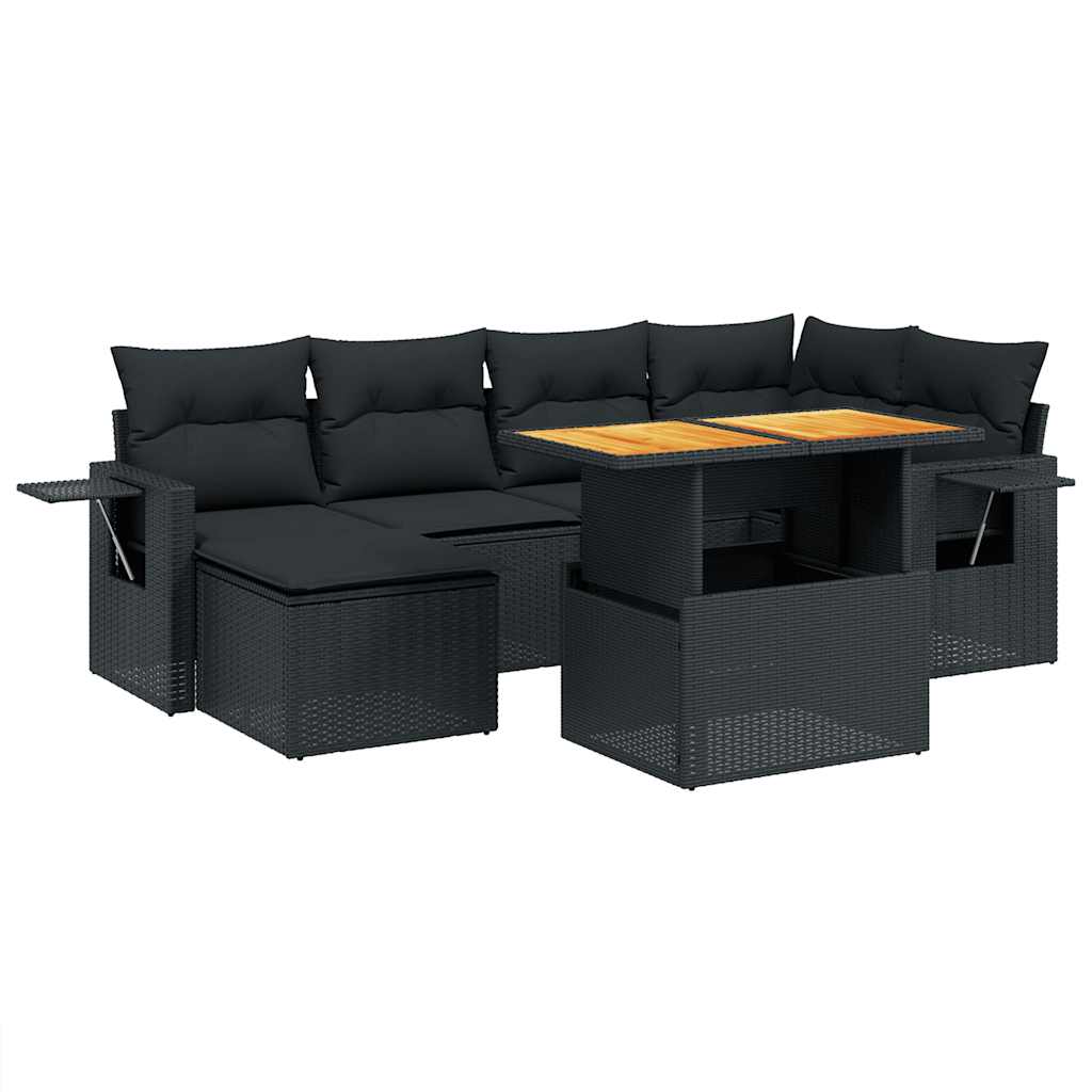 Salon de jardin 7 pcs avec coussins noir résine tressée