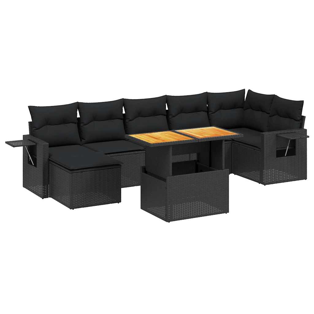 Salon de jardin 8 pcs avec coussins noir résine tressée