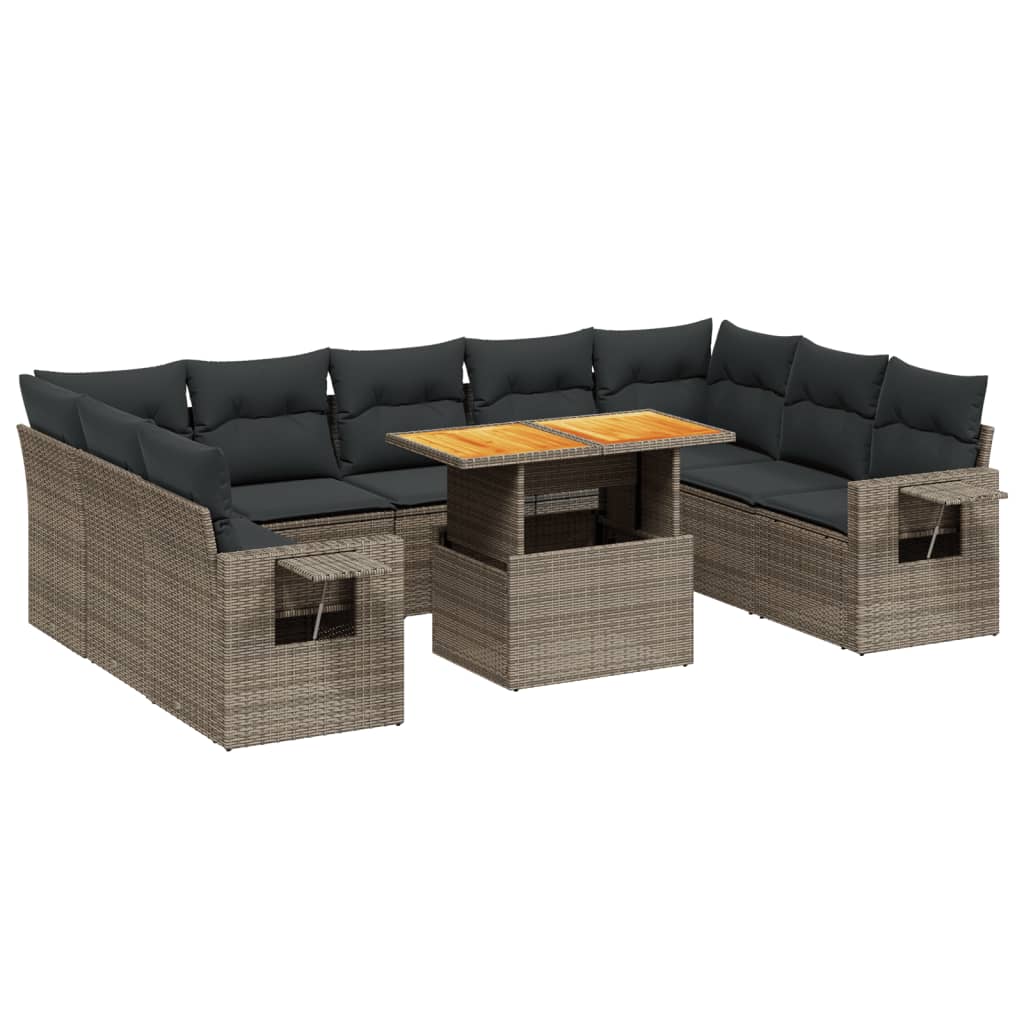 Salon de jardin avec coussins 10 pcs gris résine tressée