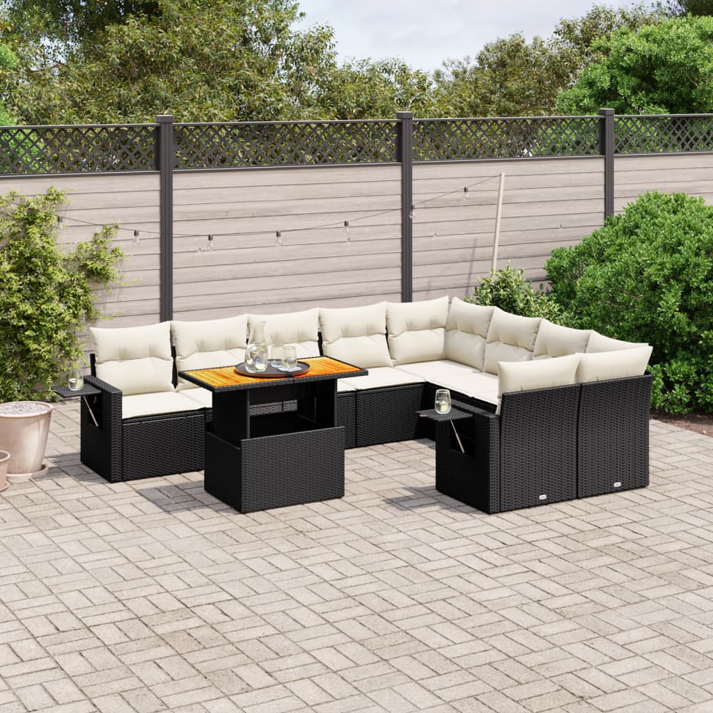 Salon de jardin 10 pcs avec coussins noir résine tressée