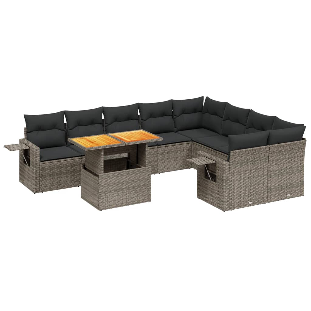 Salon de jardin avec coussins 10 pcs gris résine tressée