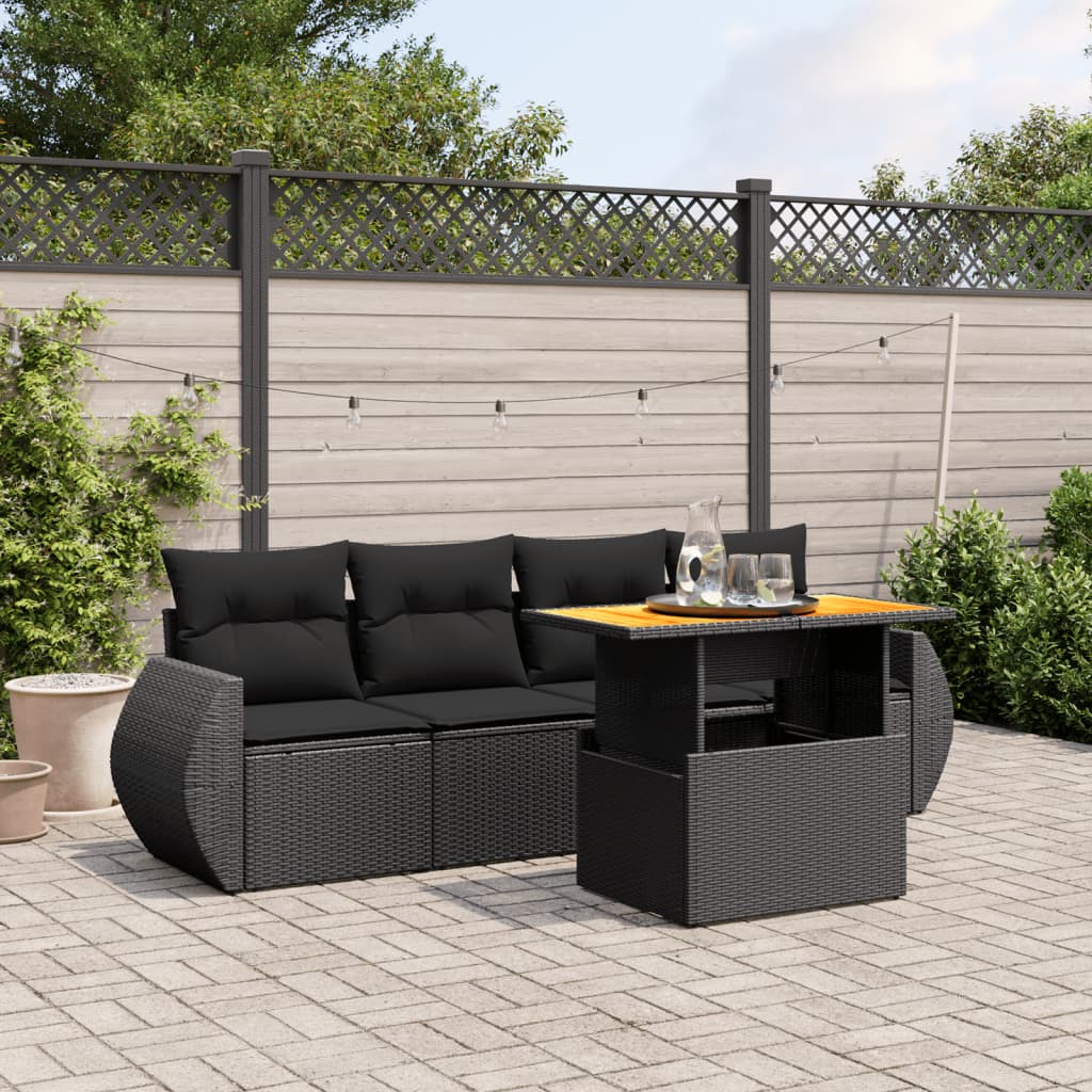Salon de jardin 5 pcs avec coussins noir résine tressée