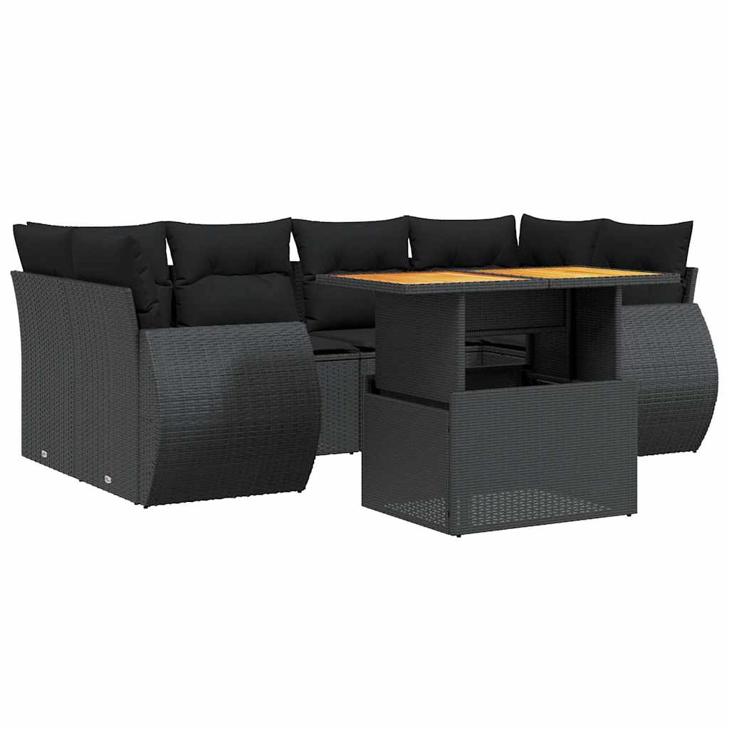Salon de jardin 7 pcs avec coussins noir résine tressée