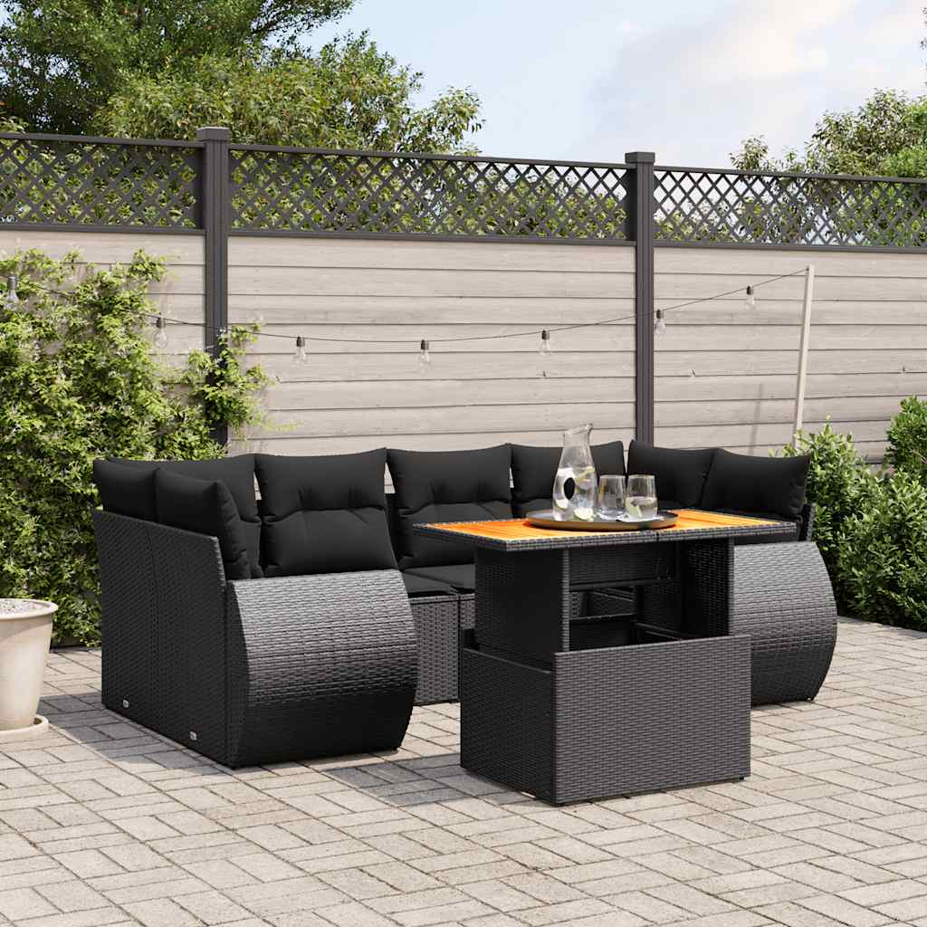 Salon de jardin 7 pcs avec coussins noir résine tressée