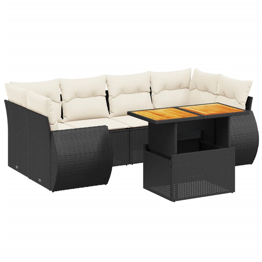 Salon de jardin 7 pcs avec coussins noir résine tressée