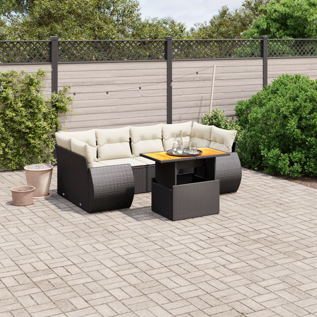 Salon de jardin 7 pcs avec coussins noir résine tressée