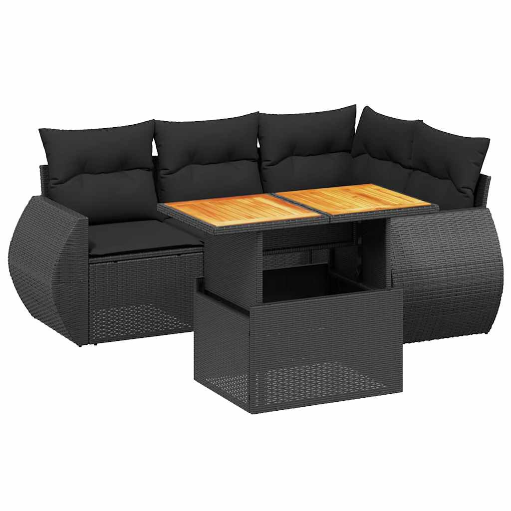 Salon de jardin 5 pcs avec coussins noir résine tressée