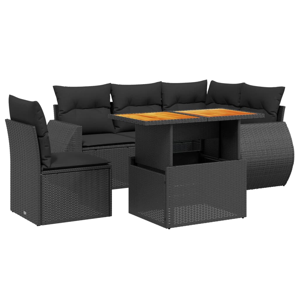 Salon de jardin 6 pcs avec coussins noir résine tressée