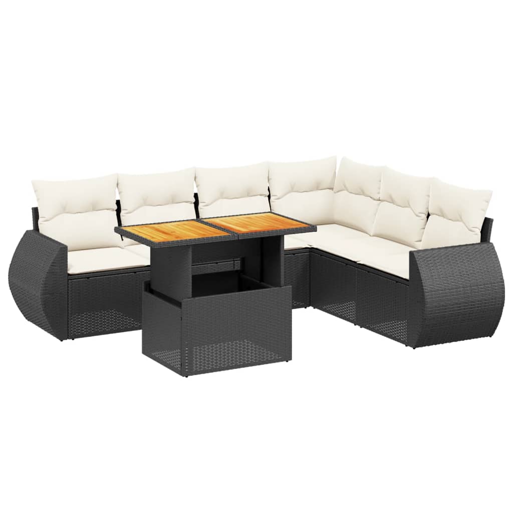Salon de jardin 7 pcs avec coussins noir résine tressée