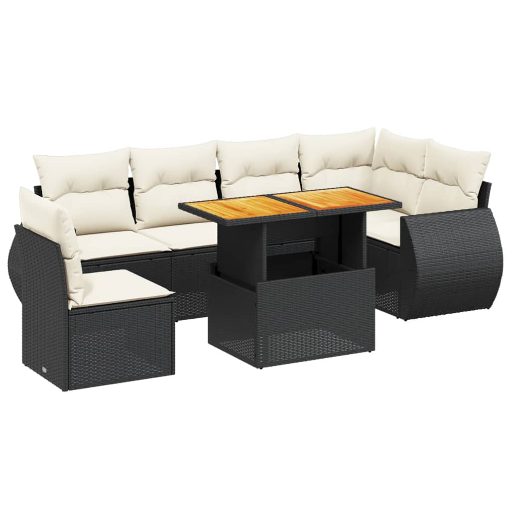 Salon de jardin 7 pcs avec coussins noir résine tressée