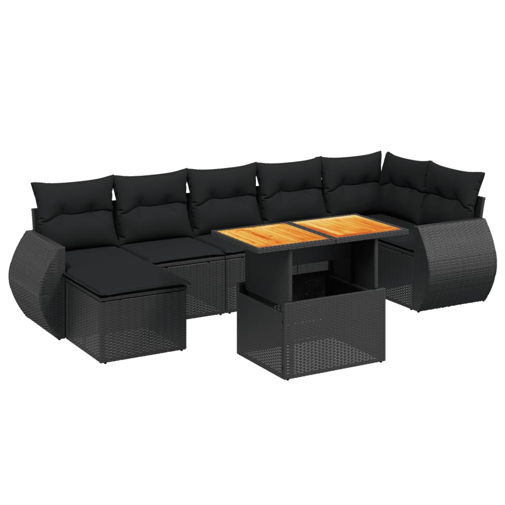 Salon de jardin 8 pcs avec coussins noir résine tressée