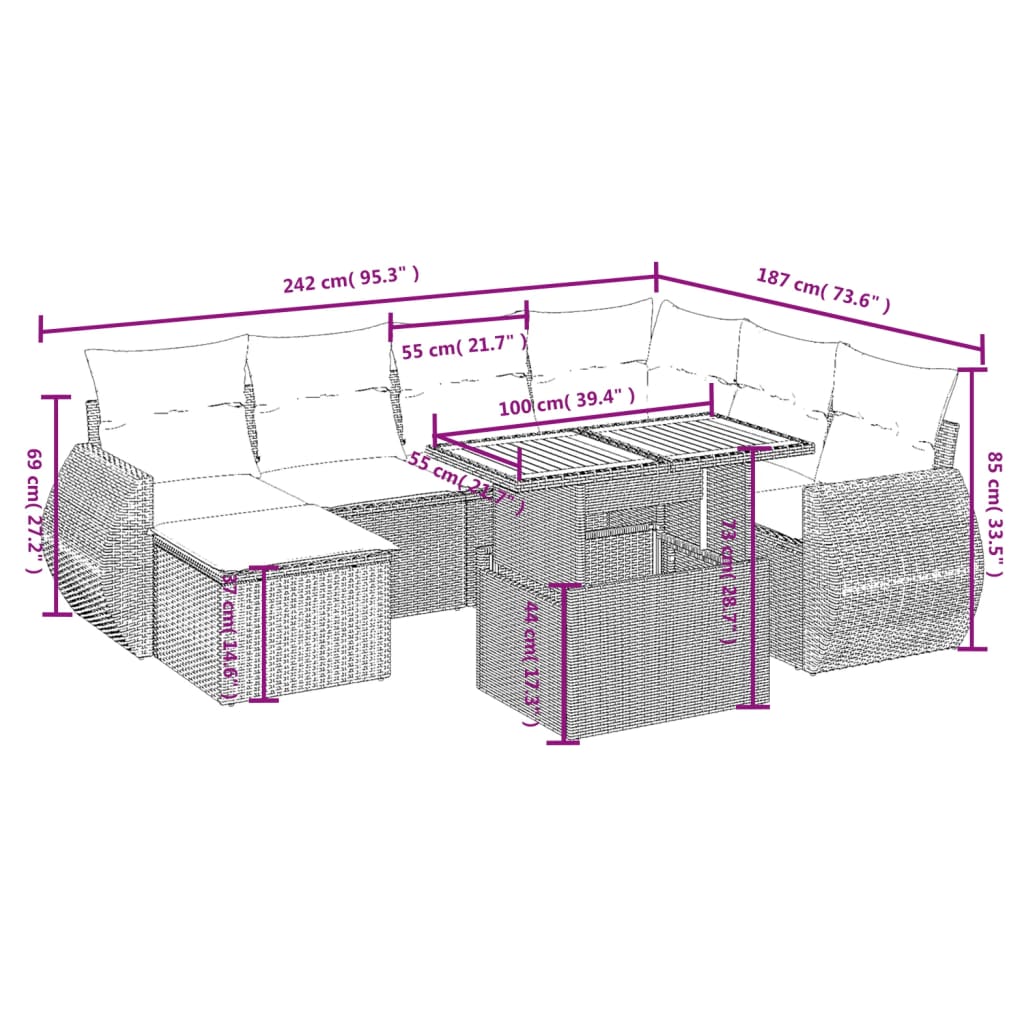 Salon de jardin avec coussins 8 pcs beige résine tressée