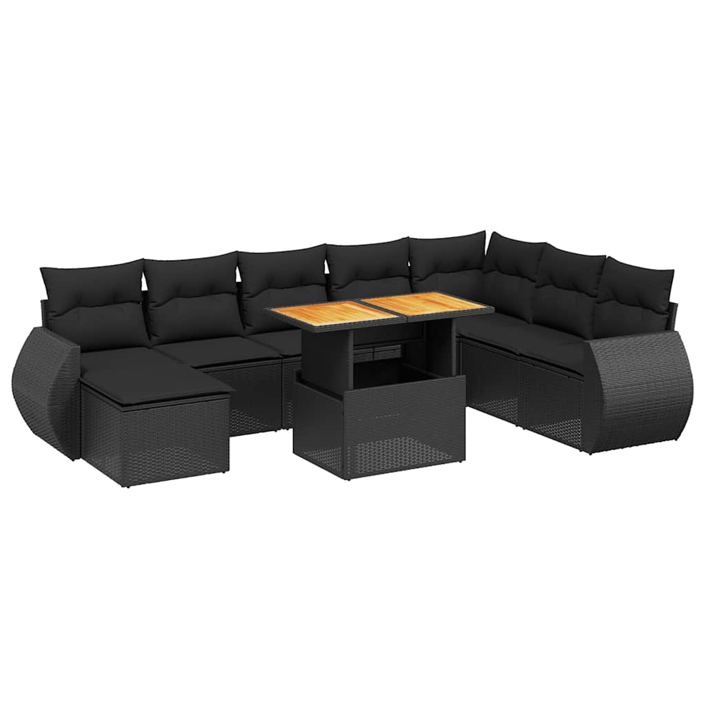 Salon de jardin 9 pcs avec coussins noir résine tressée