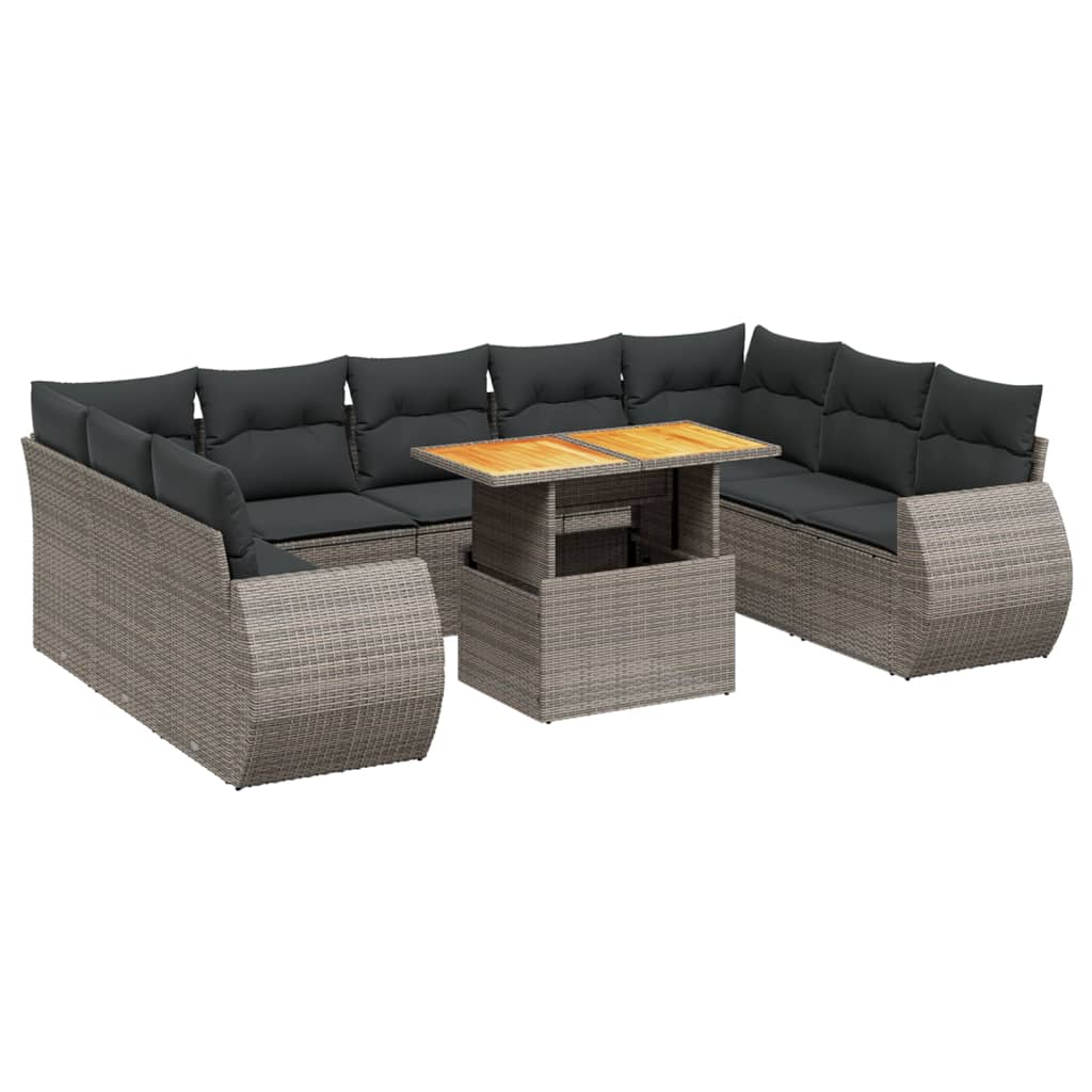 Salon de jardin avec coussins 10 pcs gris résine tressée